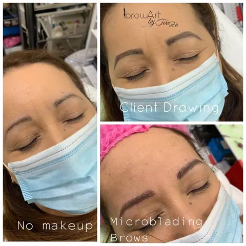 Three stages of microblading: no makeup, brow mapping drawing, and the microbladed result